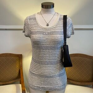 INC Silver and White Knit Crochet Top with Sequins, Women's M Cotton-Blend